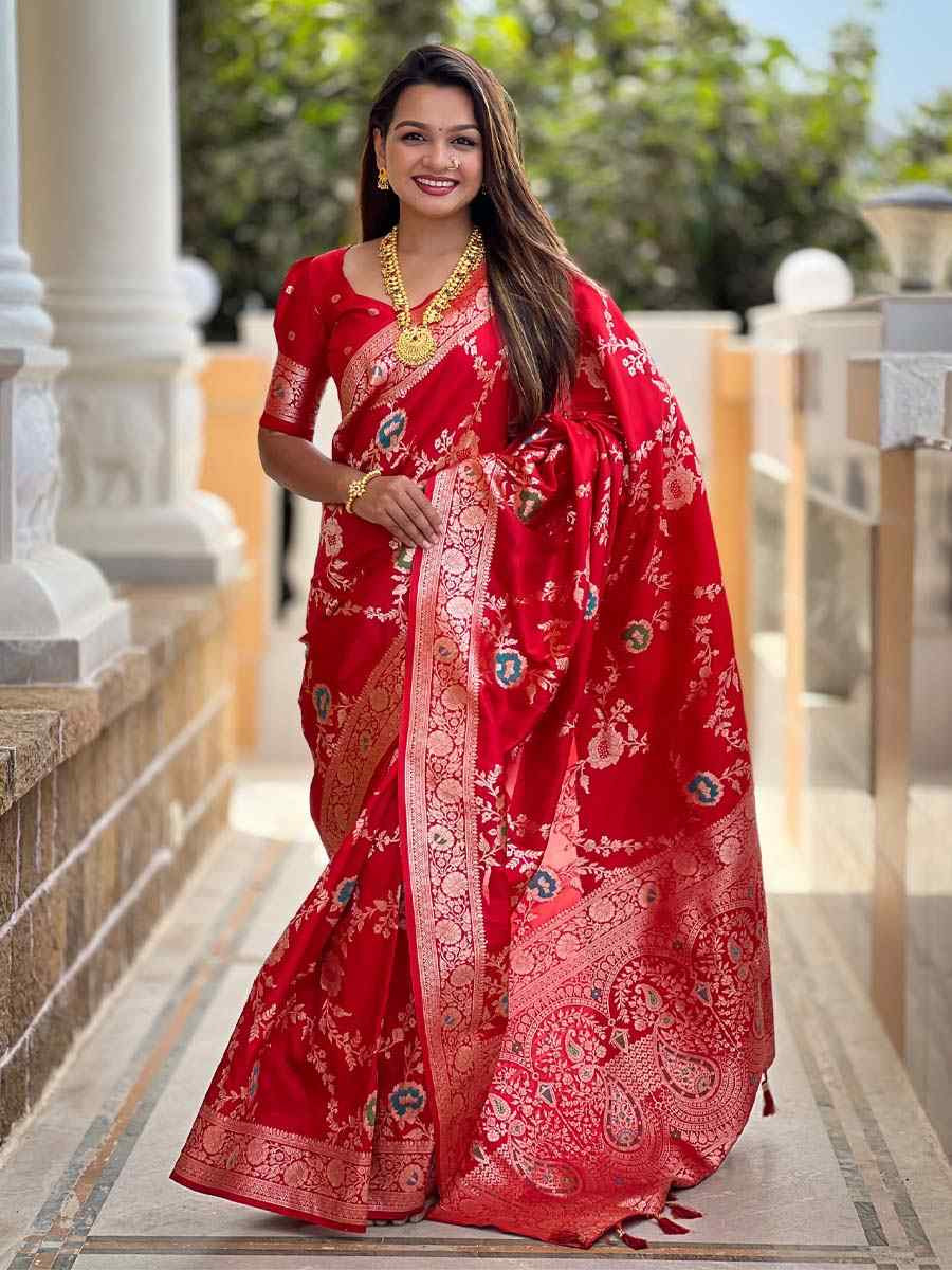 Red Soft Banarashi Silk Handwoven Festival Wedding Fancy Heavy Border Saree