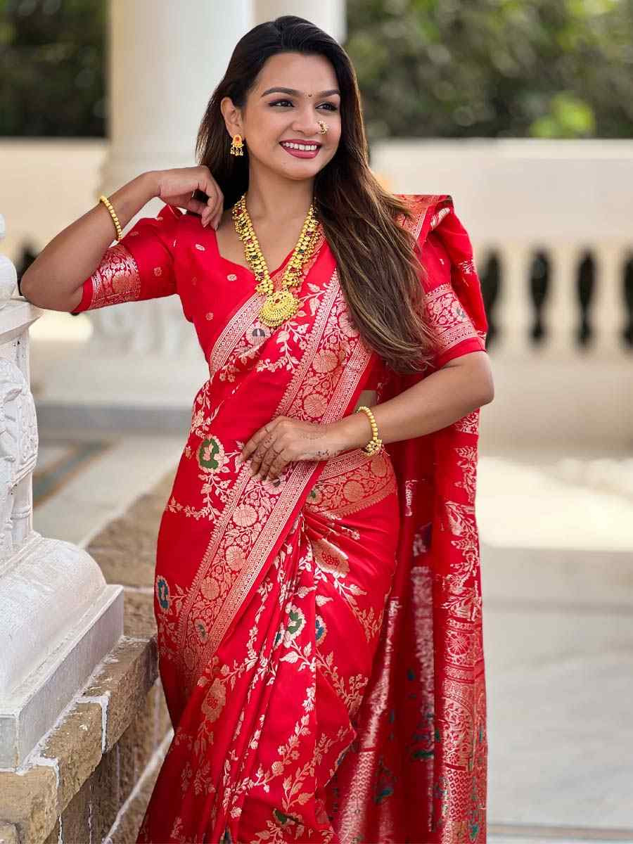 Red Soft Banarashi Silk Handwoven Festival Wedding Fancy Heavy Border Saree