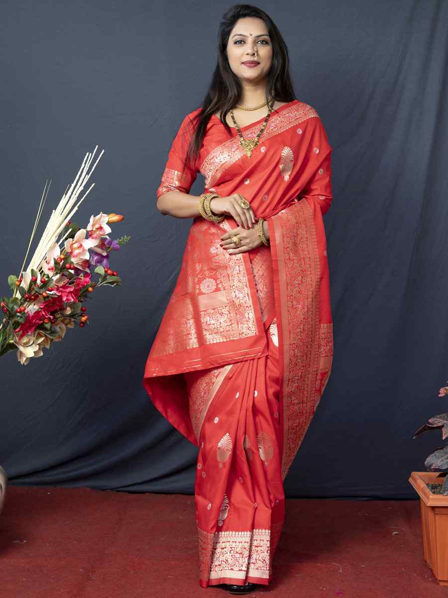 Red Soft Banarasi Silk Handwoven Wedding Festival Heavy Border Saree