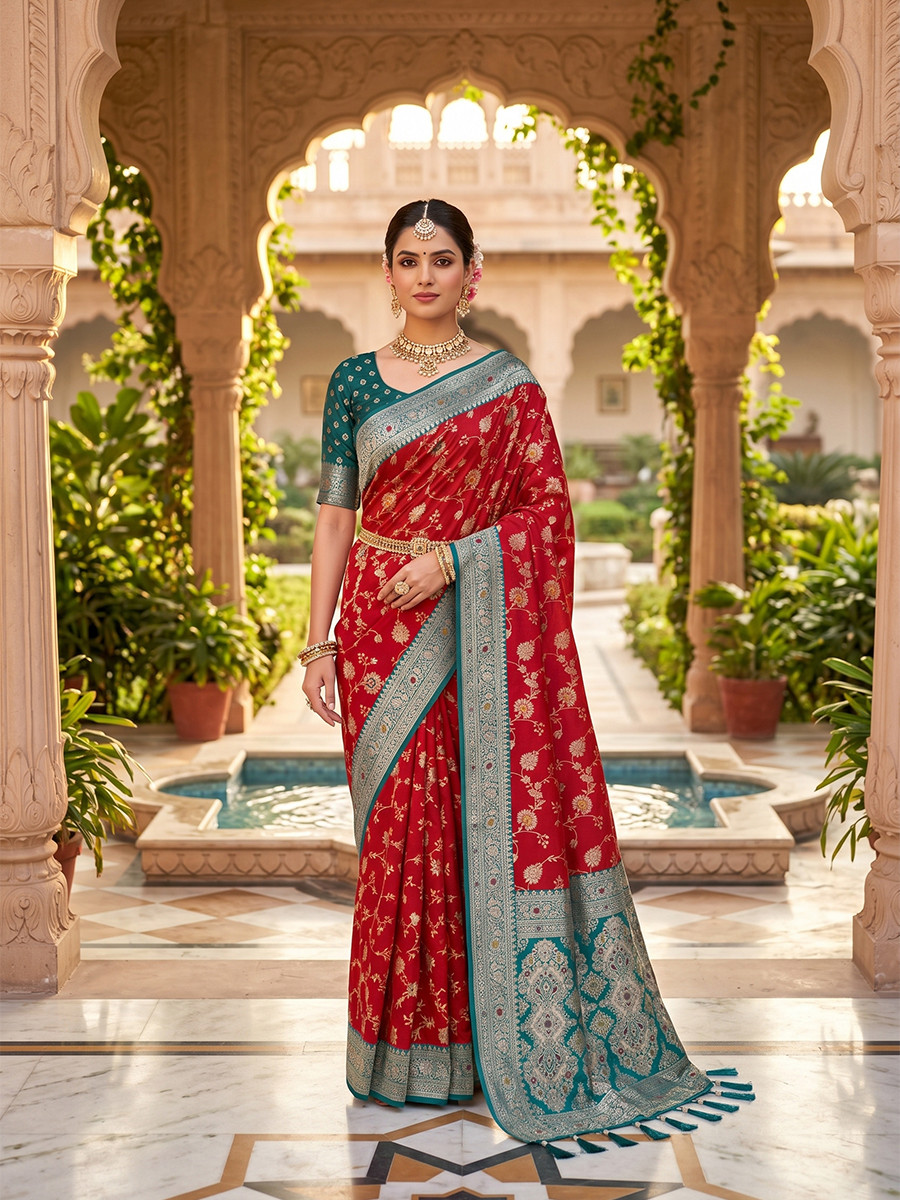 Red Soft Banarasi Silk Zari Weaving Meenakari Touchup Wedding Reception Party Festival Casual Heavy Border Sarees