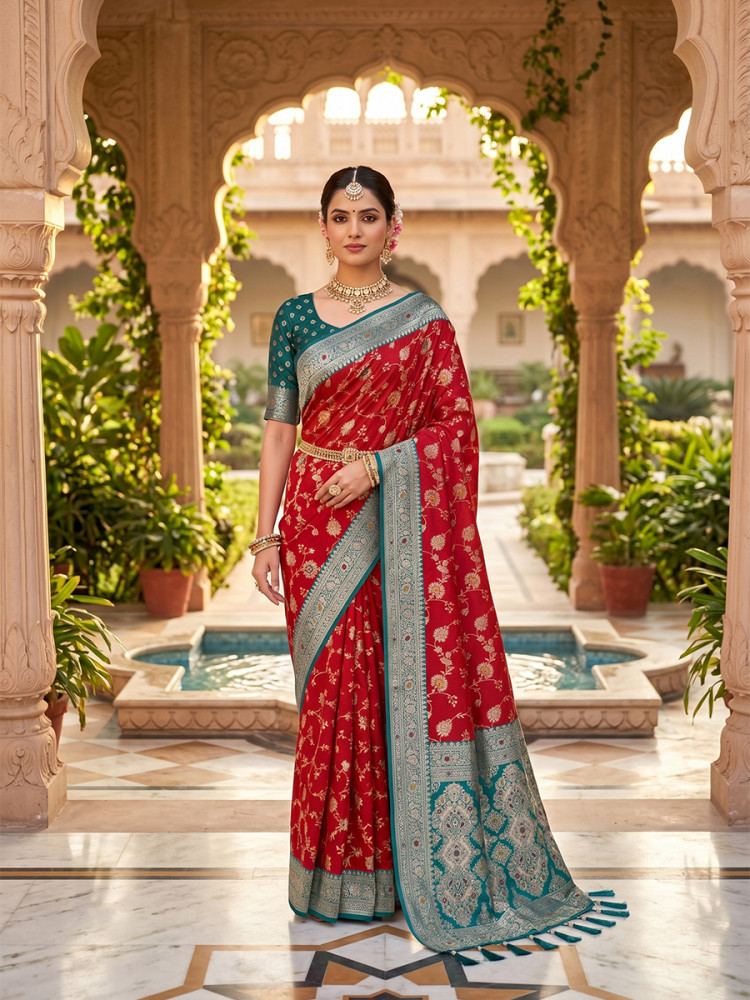 Image of Red Soft Banarasi Silk Zari Weaving Meenakari Touchup Wedding Reception Party Festival Casual Heavy Border Sarees