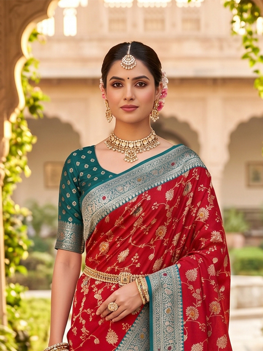Red Soft Banarasi Silk Zari Weaving Meenakari Touchup Wedding Reception Party Festival Casual Heavy Border Sarees