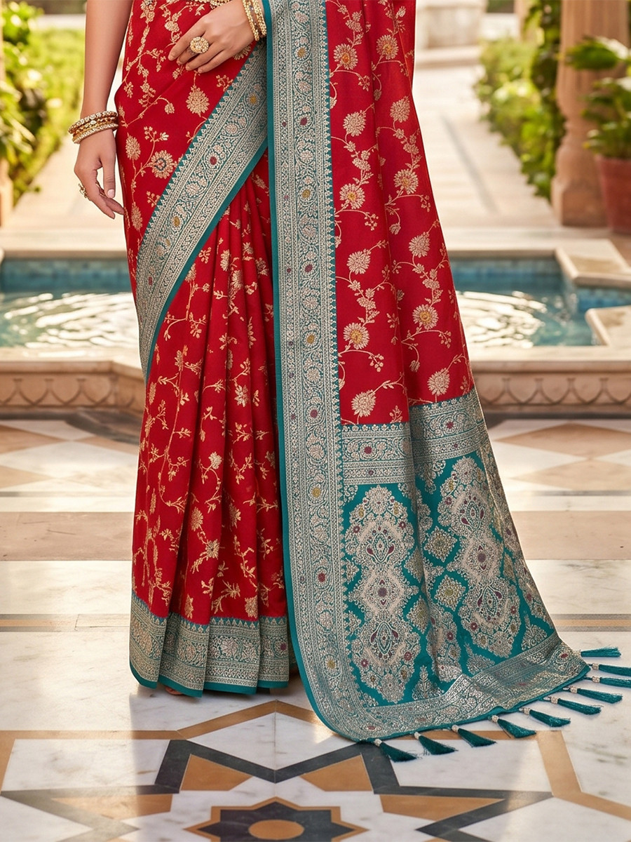 Red Soft Banarasi Silk Zari Weaving Meenakari Touchup Wedding Reception Party Festival Casual Heavy Border Sarees