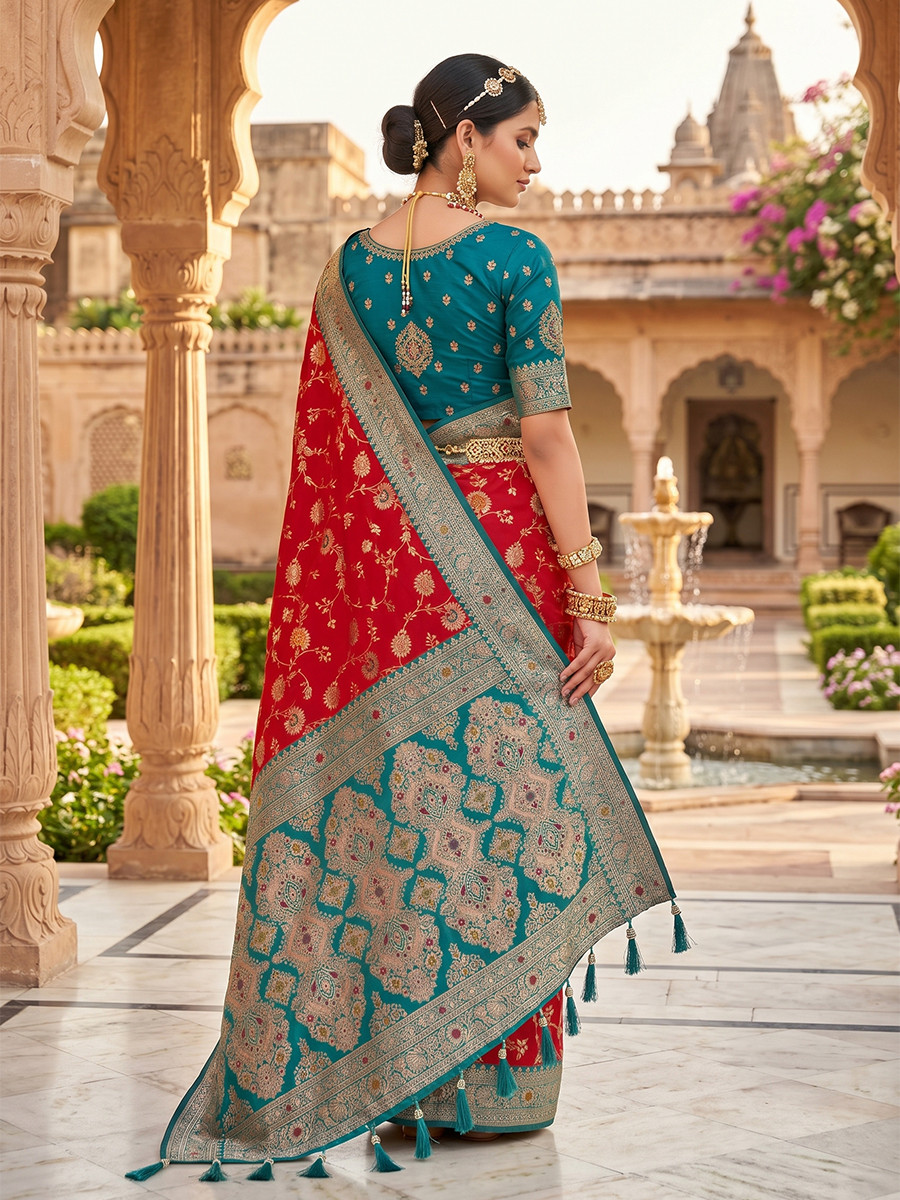 Red Soft Banarasi Silk Zari Weaving Meenakari Touchup Wedding Reception Party Festival Casual Heavy Border Sarees