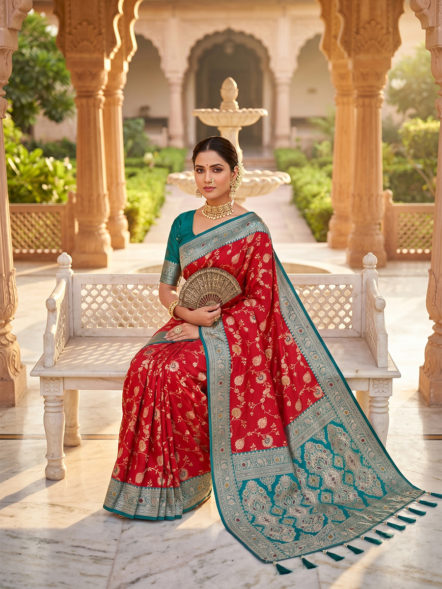 Red Soft Banarasi Silk Zari Weaving Meenakari Touchup Wedding Reception Party Festival Casual Heavy Border Sarees