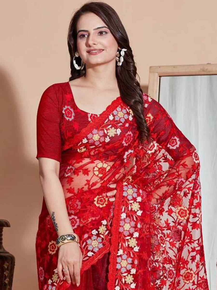Red Soft Butterfly Net Embroidery Party Reception Heavy Border Saree