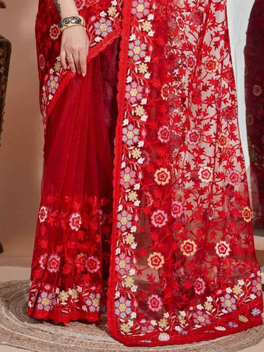 Red Soft Butterfly Net Embroidery Party Reception Heavy Border Saree