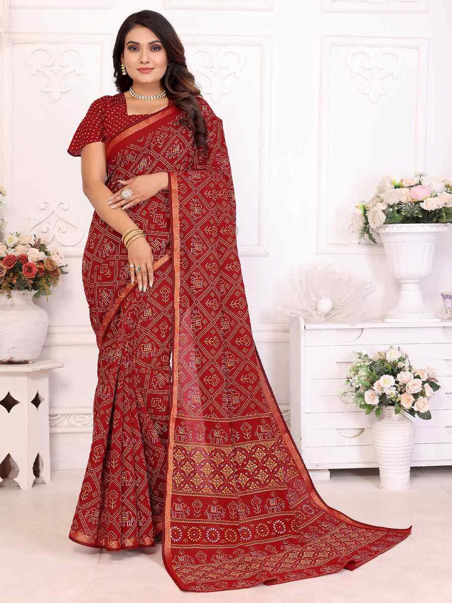 Red Soft Cotton Bandhej Print Zari Weaving Work Festival Wedding Fancy Heavy Border Saree