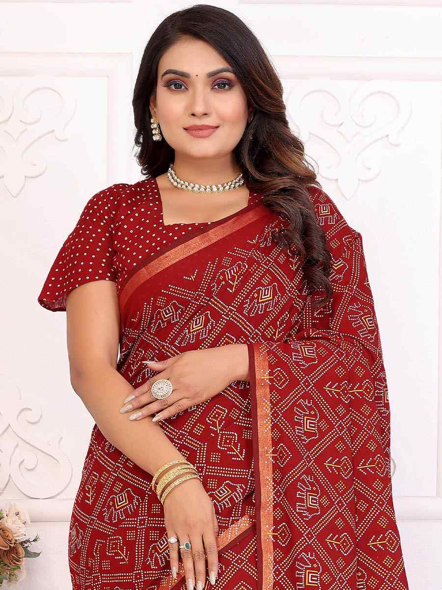 Red Soft Cotton Bandhej Print Zari Weaving Work Festival Wedding Fancy Heavy Border Saree