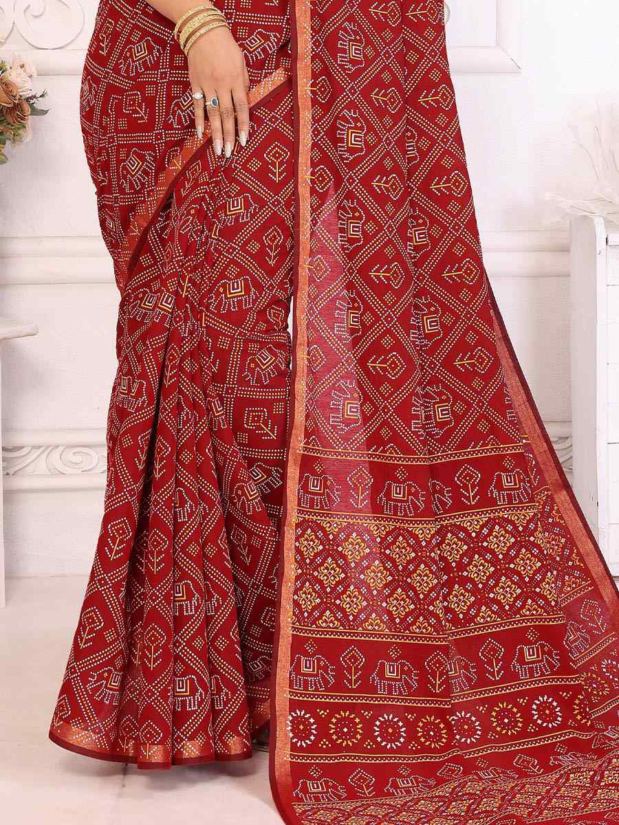 Red Soft Cotton Bandhej Print Zari Weaving Work Festival Wedding Fancy Heavy Border Saree
