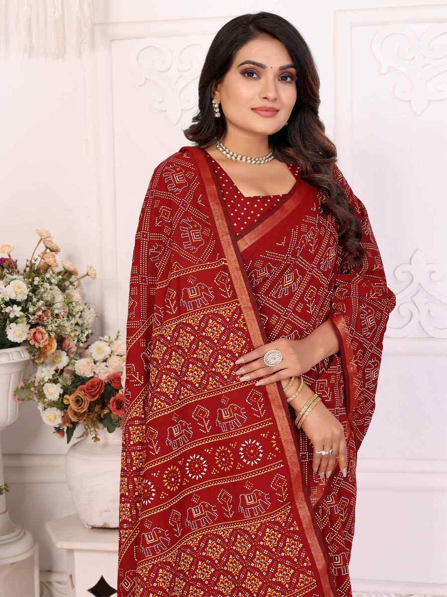 Red Soft Cotton Bandhej Print Zari Weaving Work Festival Wedding Fancy Heavy Border Saree