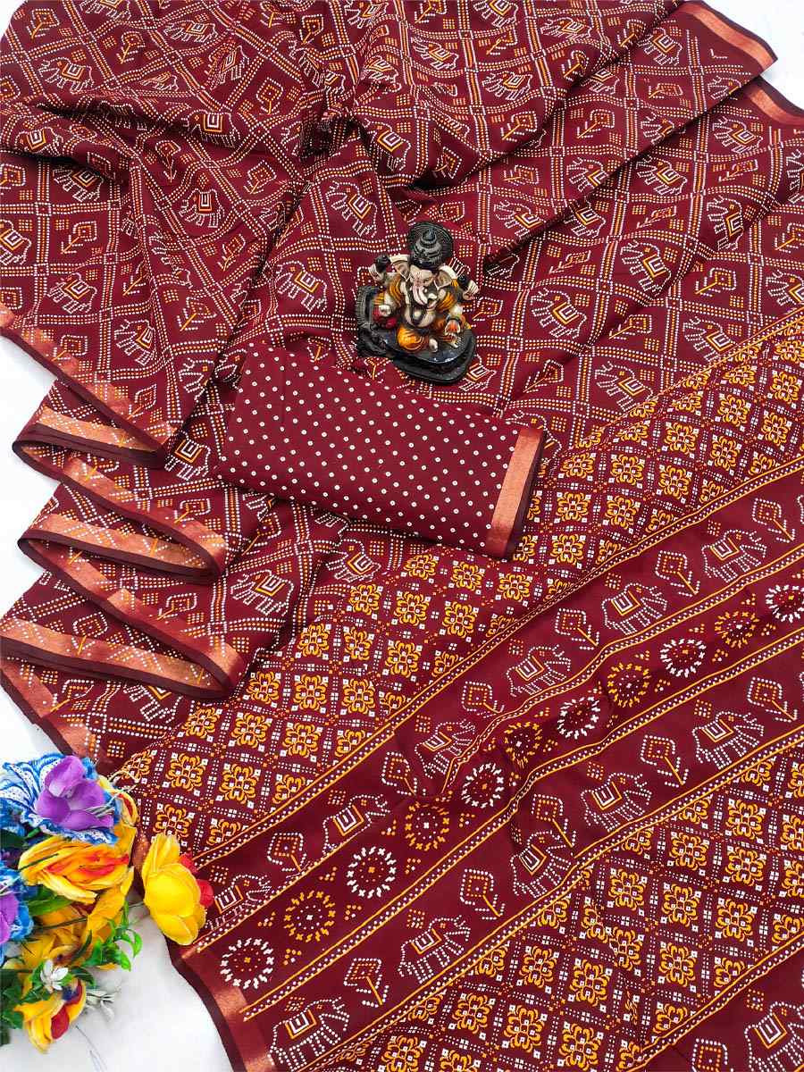 Red Soft Cotton Bandhej Print Zari Weaving Work Festival Wedding Fancy Heavy Border Saree