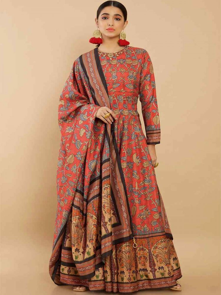 Red Soft Dola Silk Printed Festival Casual Ready Anarkali Salwar Kameez
