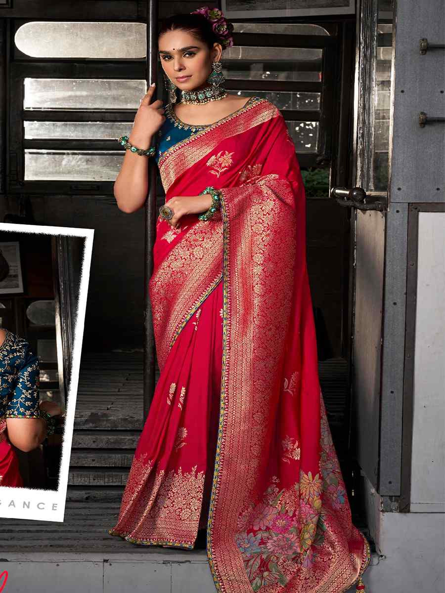 Red Soft Dola Viscose Silk Handwoven with Embroidered Festival Wedding Fancy Heavy Border Saree