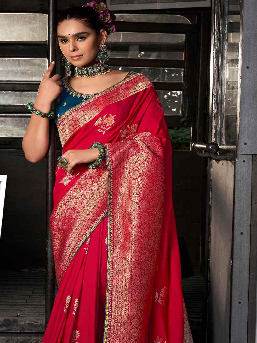 Red Soft Dola Viscose Silk Handwoven with Embroidered Festival Wedding Fancy Heavy Border Saree