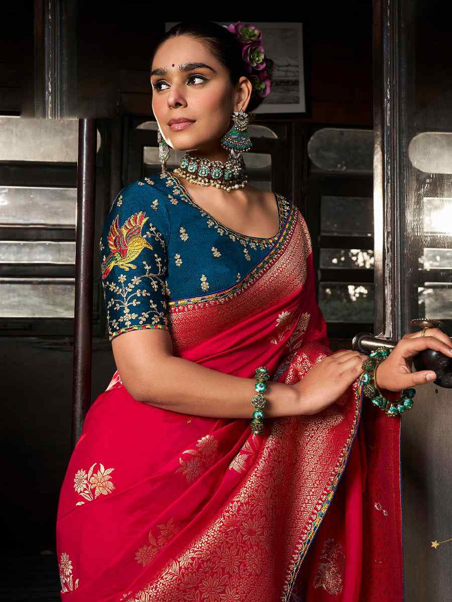 Red Soft Dola Viscose Silk Handwoven with Embroidered Festival Wedding Fancy Heavy Border Saree