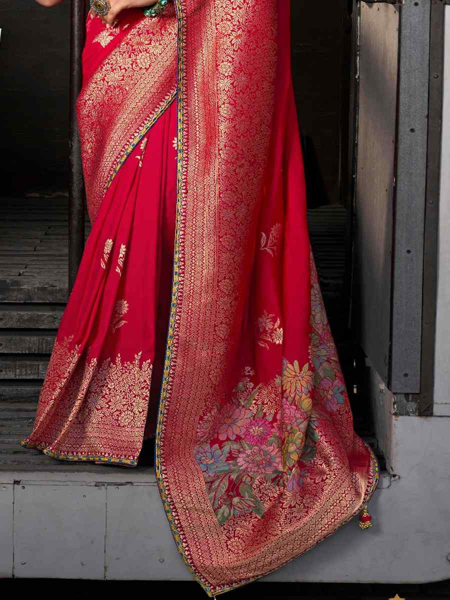 Red Soft Dola Viscose Silk Handwoven with Embroidered Festival Wedding Fancy Heavy Border Saree