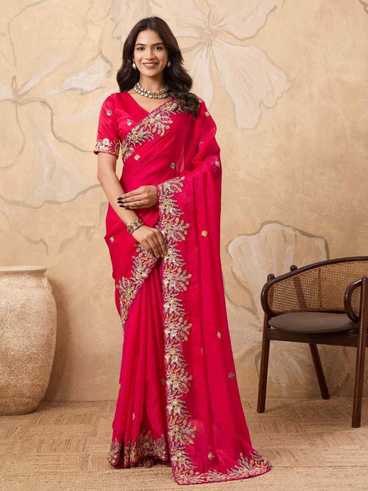 Image of Red Soft Fendy Chiffon Embroidery Bridal Reception Festival Wedding Fancy Heavy Border Saree