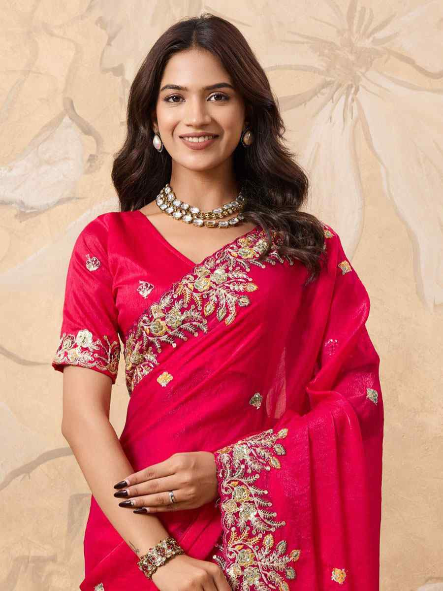 Red Soft Fendy Chiffon Embroidery Bridal Reception Festival Wedding Fancy Heavy Border Saree