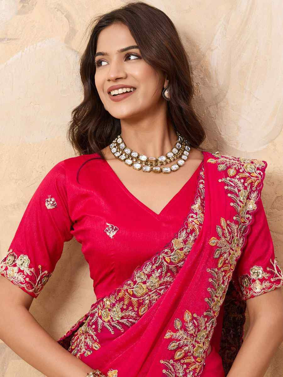 Red Soft Fendy Chiffon Embroidery Bridal Reception Festival Wedding Fancy Heavy Border Saree