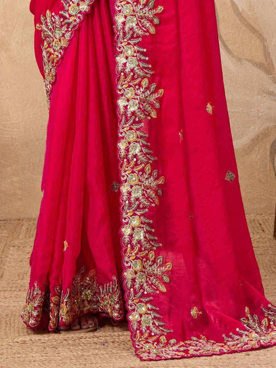 Red Soft Fendy Chiffon Embroidery Bridal Reception Festival Wedding Fancy Heavy Border Saree