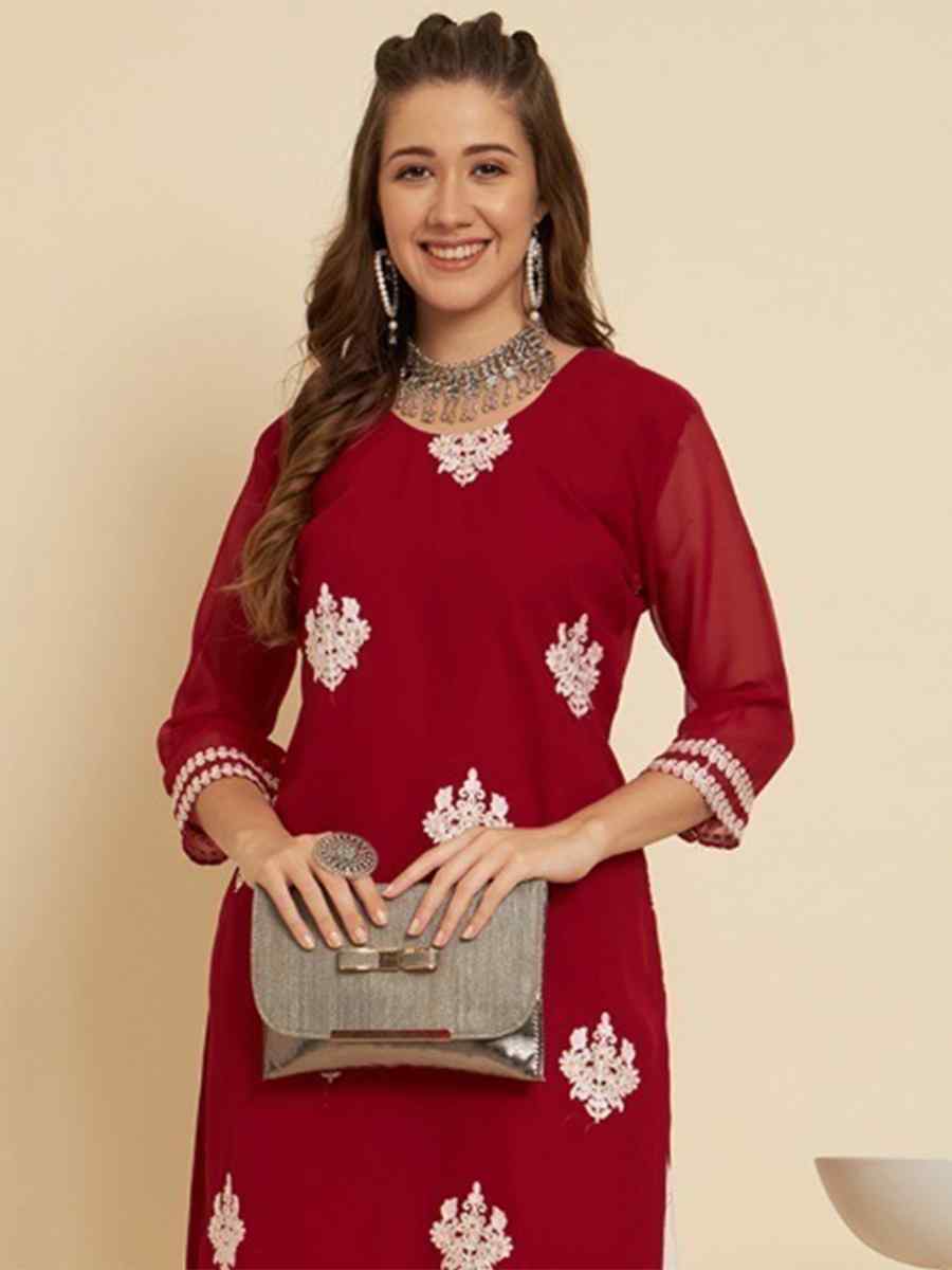 Red Soft Georgette Embroidered Festival Casual Kurti