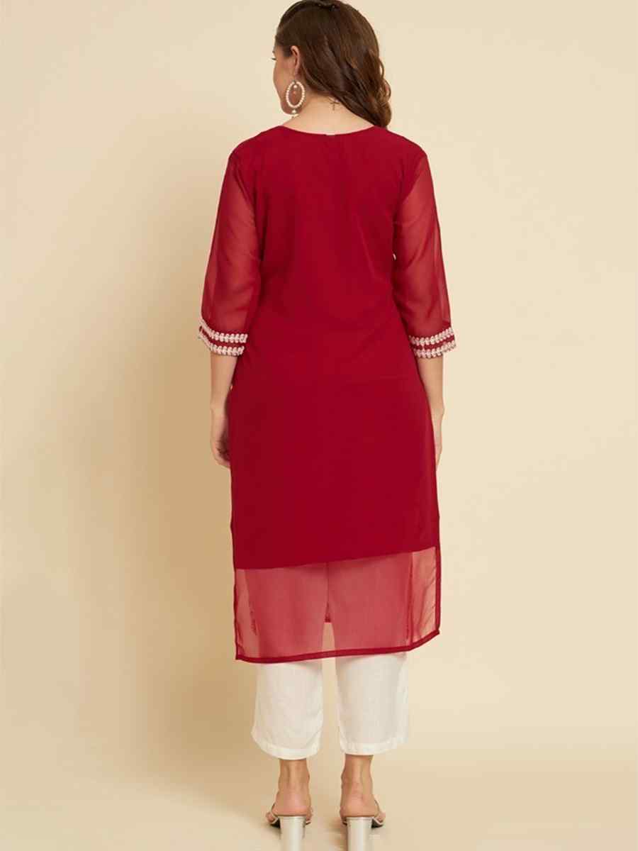 Red Soft Georgette Embroidered Festival Casual Kurti
