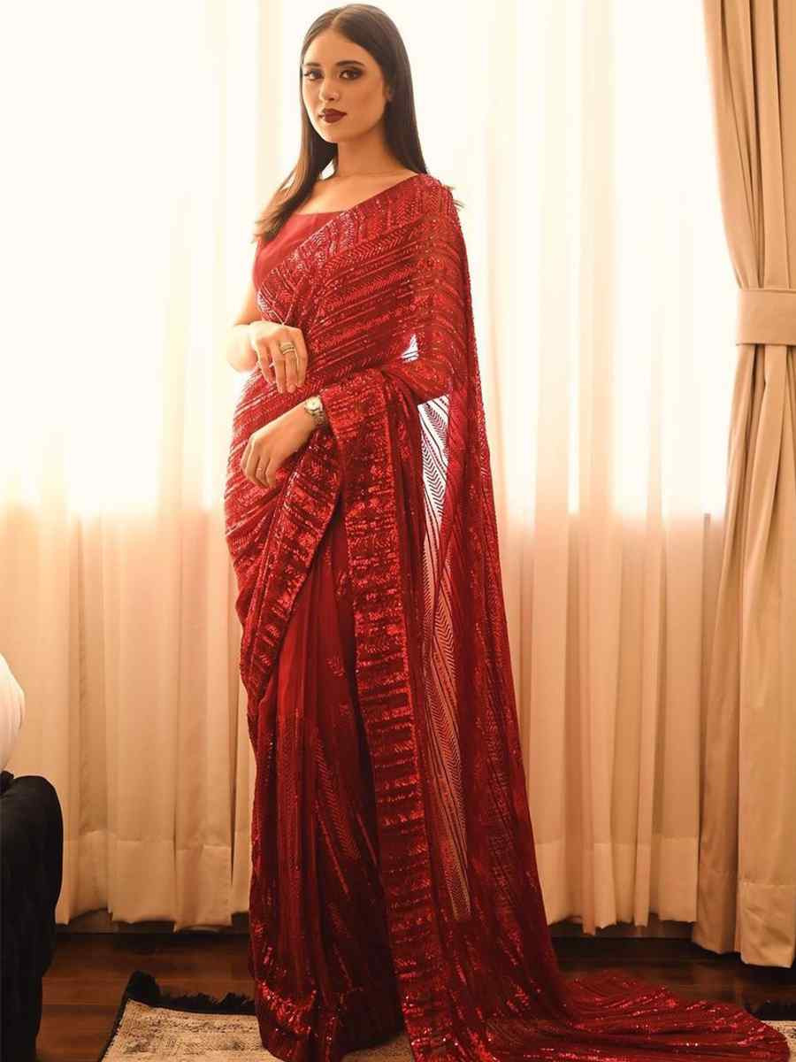 Red Soft Georgette Embroidered Festival Wedding Fancy Heavy Border Saree