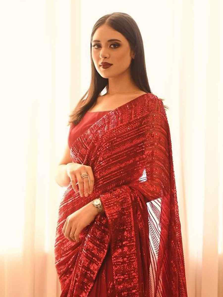 Red Soft Georgette Embroidered Festival Wedding Fancy Heavy Border Saree
