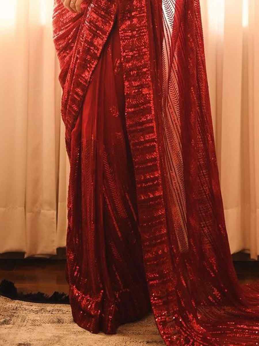 Red Soft Georgette Embroidered Festival Wedding Fancy Heavy Border Saree