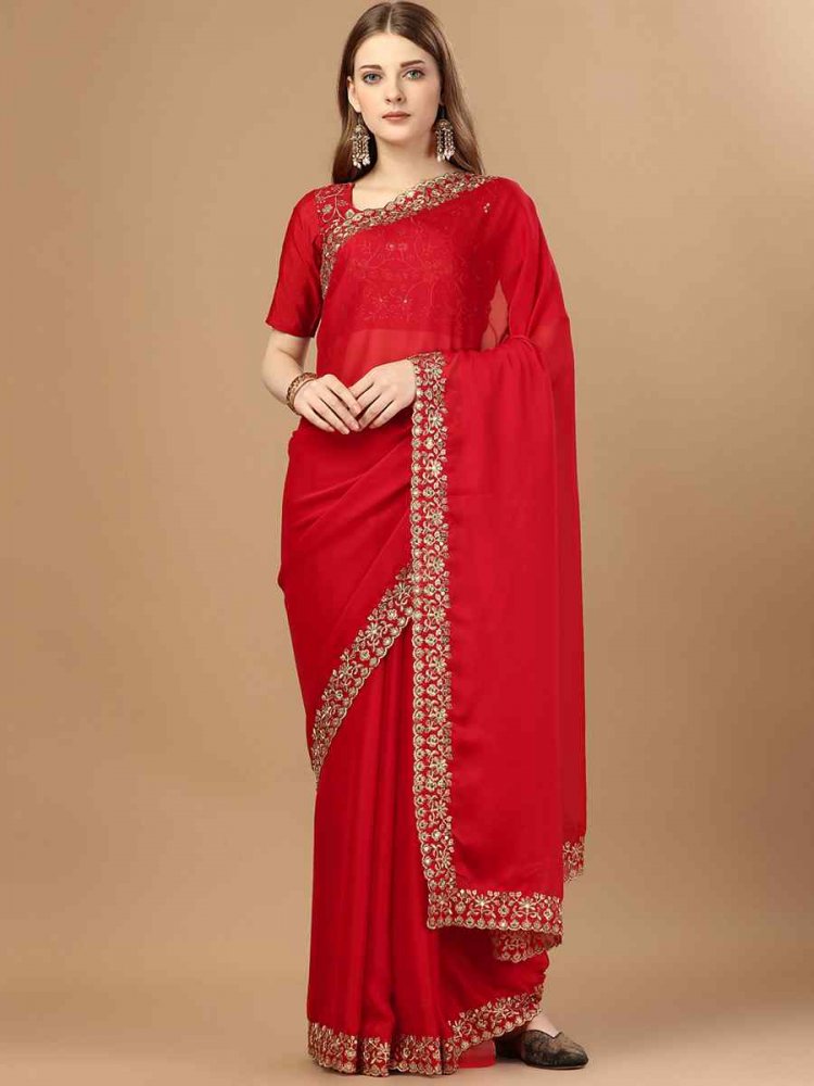 Red Soft Georgette Embroidered Party Festival Classic Style Saree