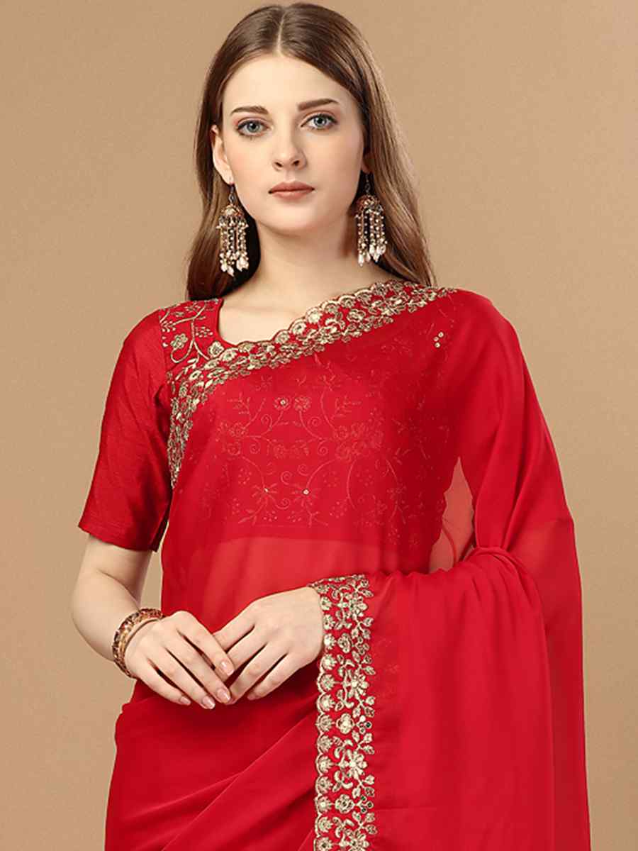 Red Soft Georgette Embroidered Party Festival Classic Style Saree