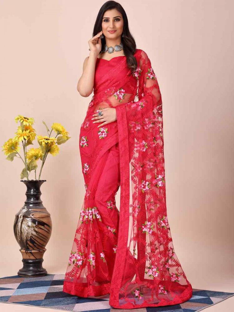 Red Soft Net Embroidered Party Wedding Heavy Border Saree