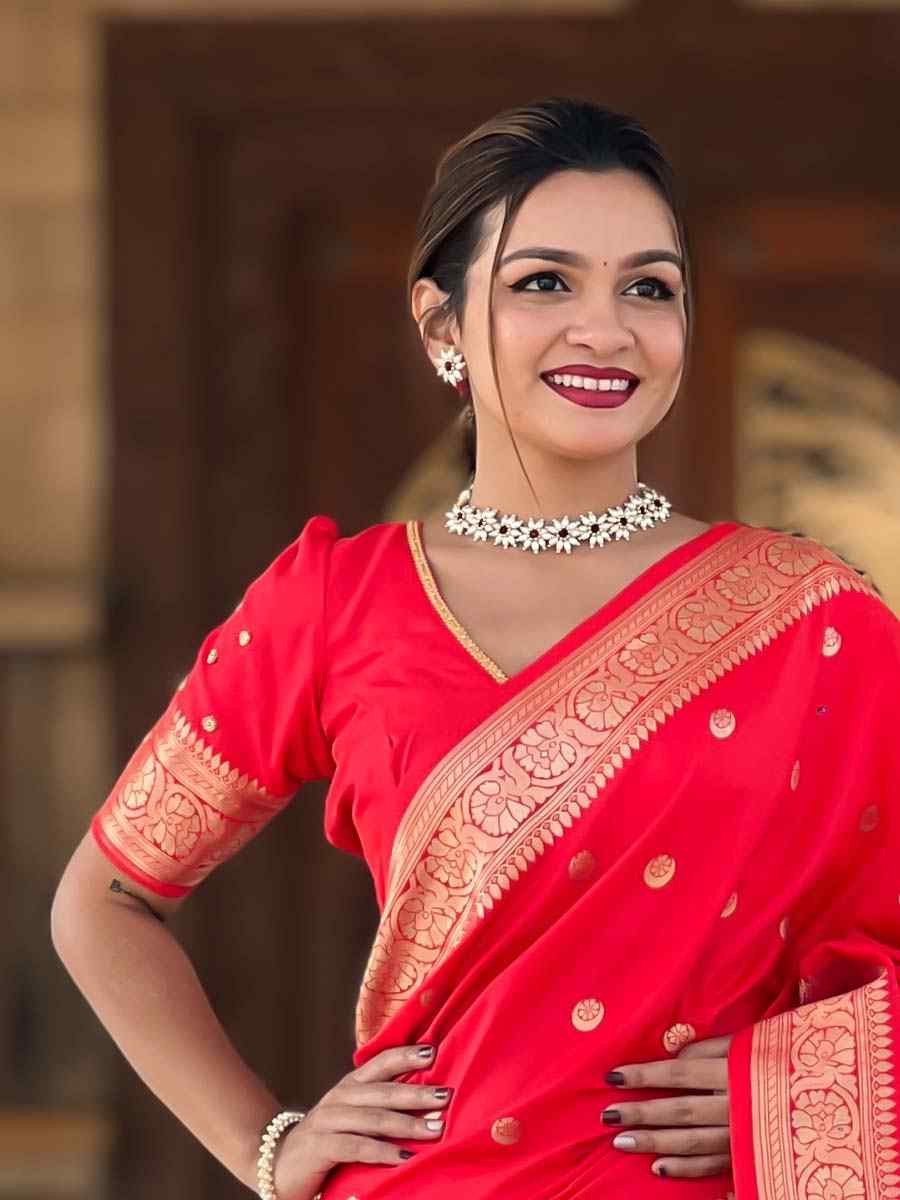 Red Soft Pathani Silk Handwoven Festival Wedding Fancy Heavy Border Saree