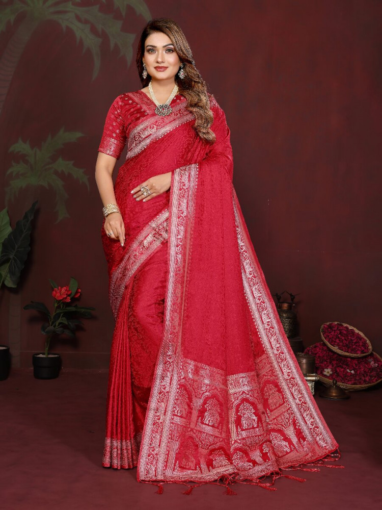 Image of Red Soft Satin Silk Zari Kanjivaram Wedding Reception Party Festival Heavy Border Sarees