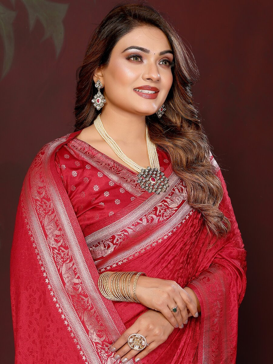 Red Soft Satin Silk Zari Kanjivaram Wedding Reception Party Festival Heavy Border Sarees