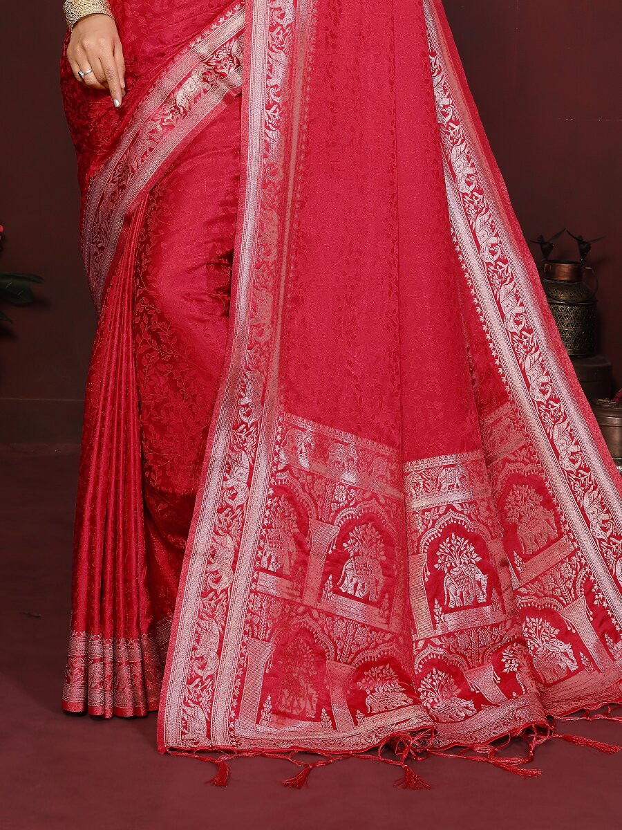 Red Soft Satin Silk Zari Kanjivaram Wedding Reception Party Festival Heavy Border Sarees