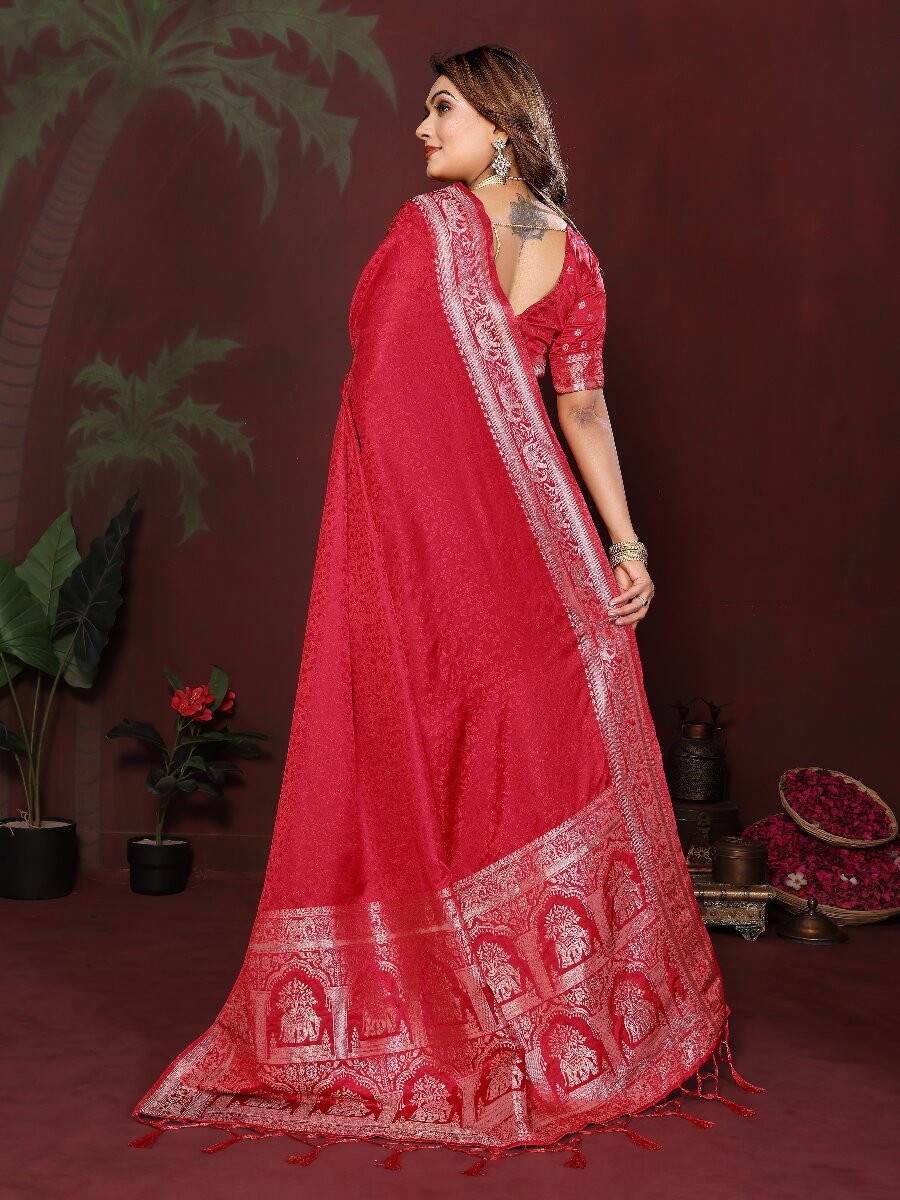 Red Soft Satin Silk Zari Kanjivaram Wedding Reception Party Festival Heavy Border Sarees