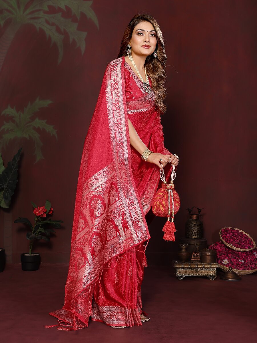 Red Soft Satin Silk Zari Kanjivaram Wedding Reception Party Festival Heavy Border Sarees