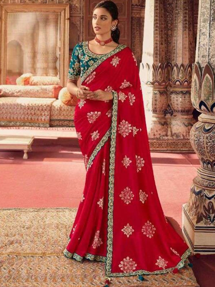 Red Soft Silk Embroidered Wedding Festival Classic Style Saree