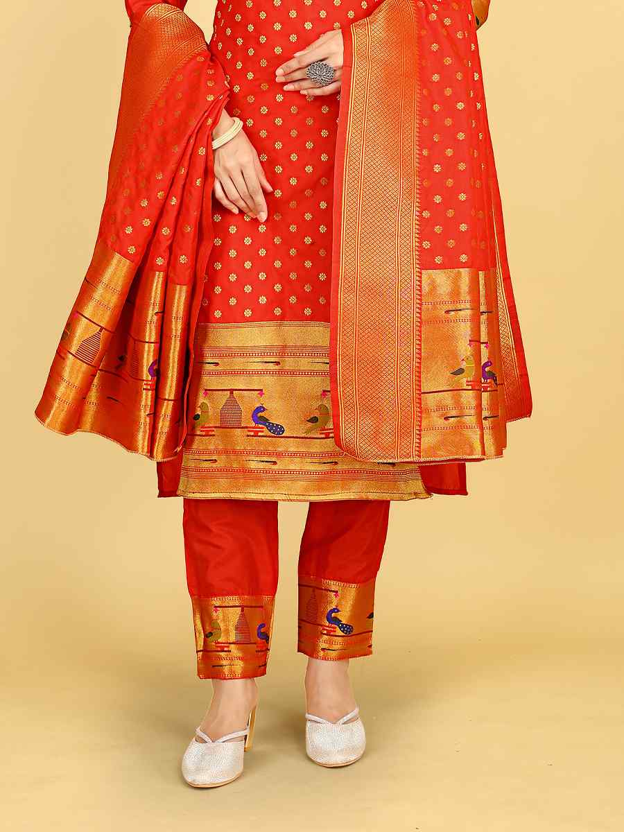 Red Soft Silk Handwoven Casual Festival Pant Salwar Kameez