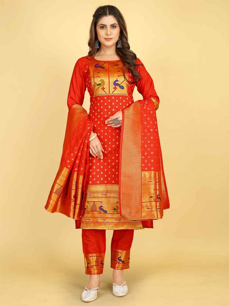 Red Soft Silk Handwoven Casual Festival Pant Salwar Kameez