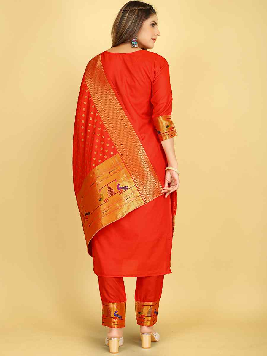 Red Soft Silk Handwoven Casual Festival Pant Salwar Kameez