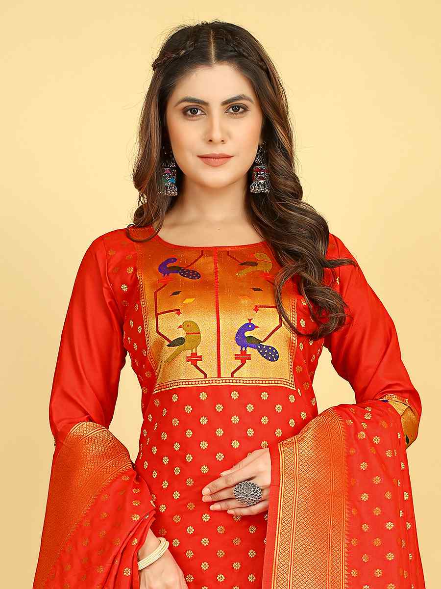 Red Soft Silk Handwoven Casual Festival Pant Salwar Kameez