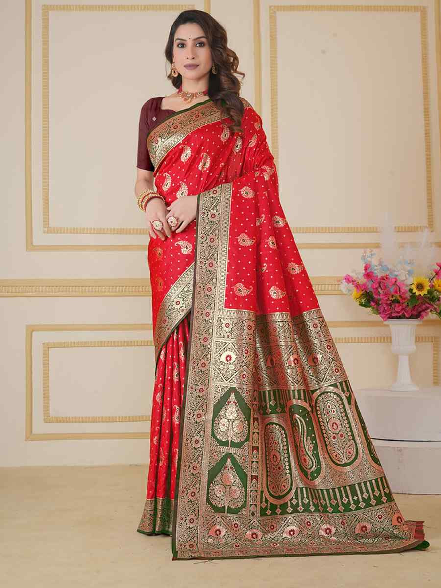 Red Soft Silk Handwoven Festival Wedding Fancy Heavy Border Saree
