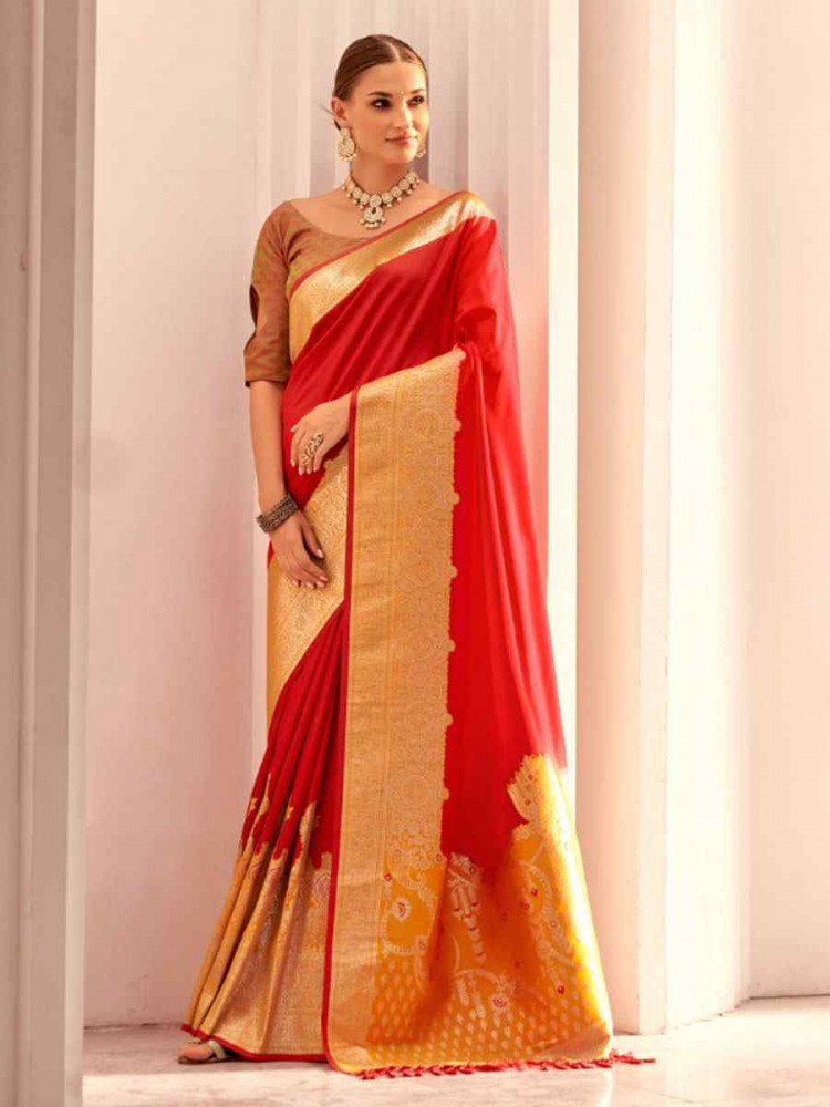 Image of Red Soft Silk Jacquard Traditional Bridal Reception Festival Wedding Fancy Heavy Border Saree