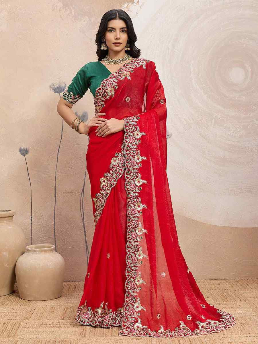 Red Soft Space Silk Embroidery Bridal Reception Festival Wedding Fancy Heavy Border Sarees
