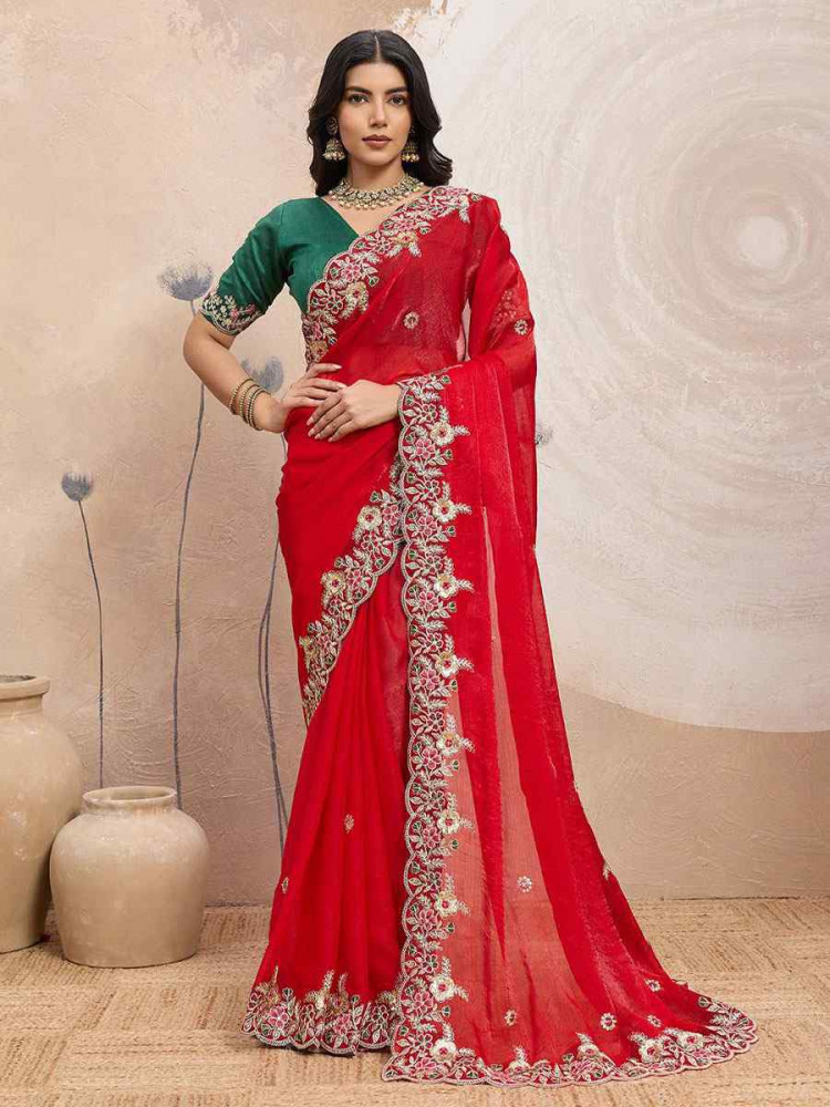 Image of Red Soft Space Silk Embroidery Bridal Reception Festival Wedding Fancy Heavy Border Sarees