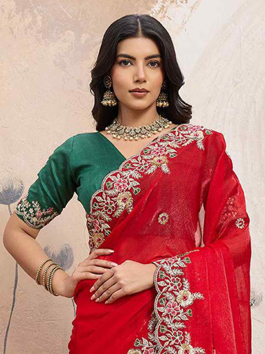 Red Soft Space Silk Embroidery Bridal Reception Festival Wedding Fancy Heavy Border Sarees
