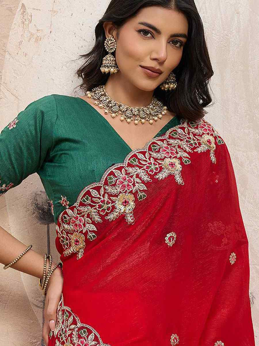 Red Soft Space Silk Embroidery Bridal Reception Festival Wedding Fancy Heavy Border Sarees